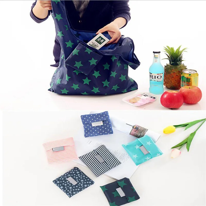 Portable Reusable Shopping Bag Sweet Striped Dots Largecapacity Grocery Tote Pouch Eco Bags Folding Storage Convenient Handbags 250121