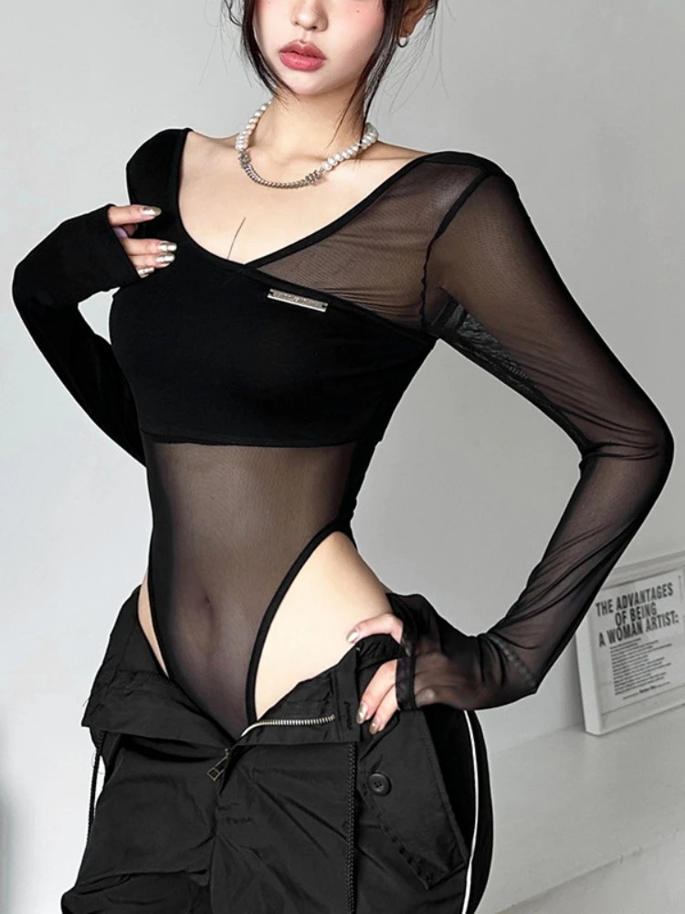 Black See Through Bodysuit Lingerie Sexy Long Sleeve Lenceria Femenina VNeck OnePieces Body Feminino Backless Tops For Women 250211