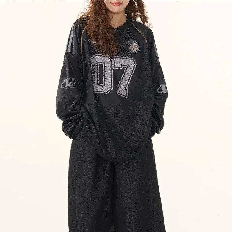 Y2K Streetwear Retro Long Sleeve Clothes Letter Printed Plaid Loose Sweatshirt Men Women Hip Hop Punk Street Couple Tops 250206