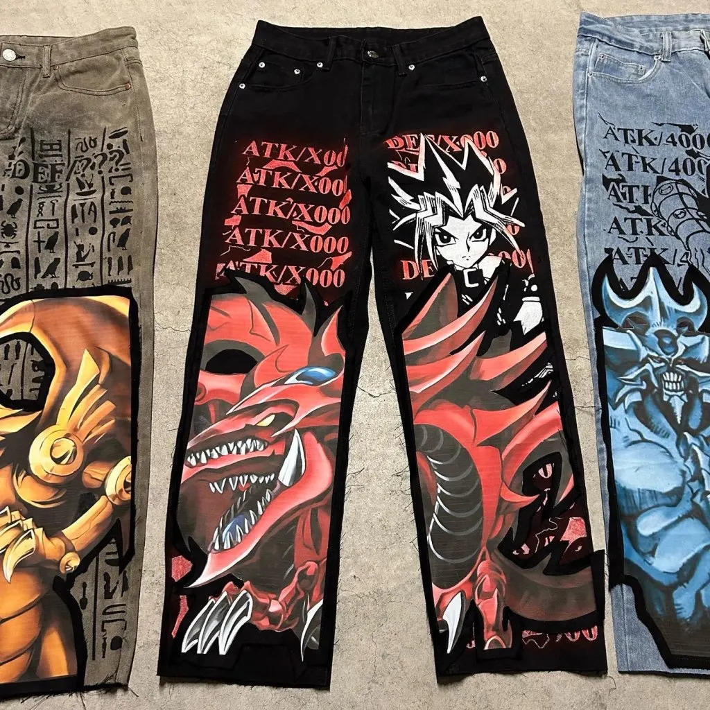 Harajuku anime printing bag jeans wide leg denim pants Y2K mens jeans street retro couple trouser mens clothing 250210
