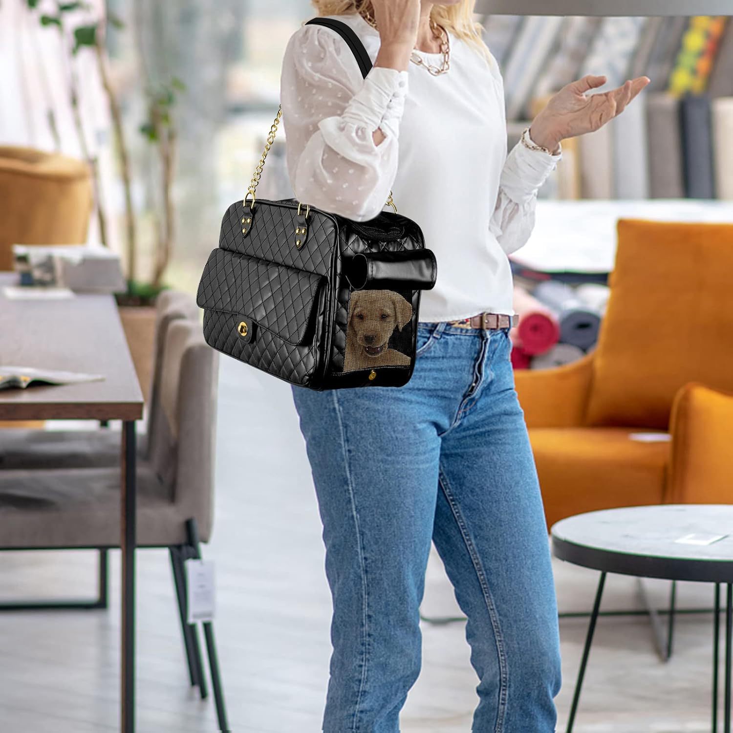 Dog Carrier Handbag with Large Pockets, Double Sided Breathable Mesh,Holds Up to 8lbs Quality PU Leather Pet Carrier, Airline Approved Puppy Carrier f