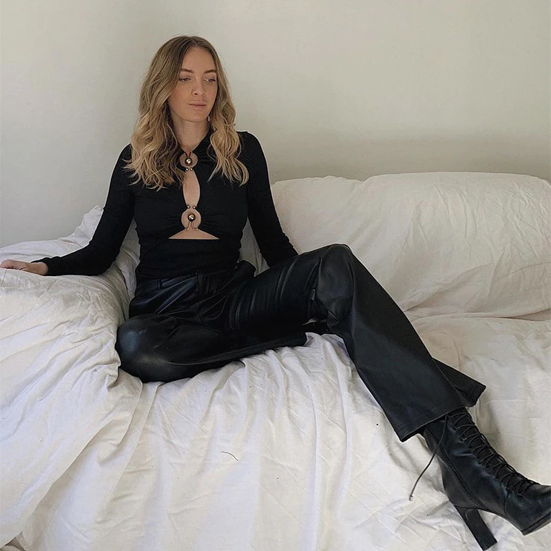 WhereMery Sexy Hollow Out Long Sleeve Bodysuit Metal Ring Connection Fashion Folds Women Bodice Black Bodycon Party Clubwear Top 250211