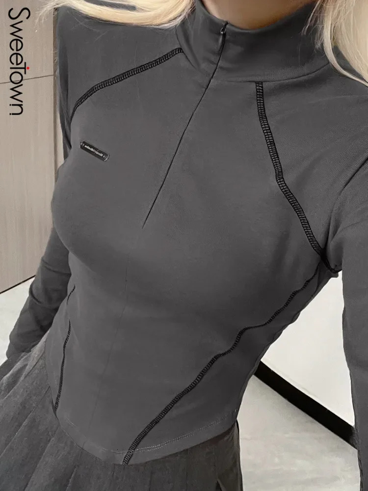 Casual Zip Up Turtleneck Crop Top Stitched Long Sleeve Skinny Tshirts y2k Aesthetic Streetwear Harajuku Women Clothing 250114