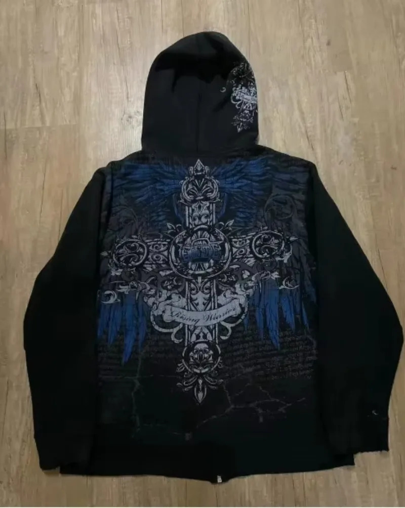 American Fashion Joker Goth Printed Zipper Hoodie Men Street Hip Hop Loose Fleece Thicking Sweatshirt Couple Casual Punk Hoodie 250210