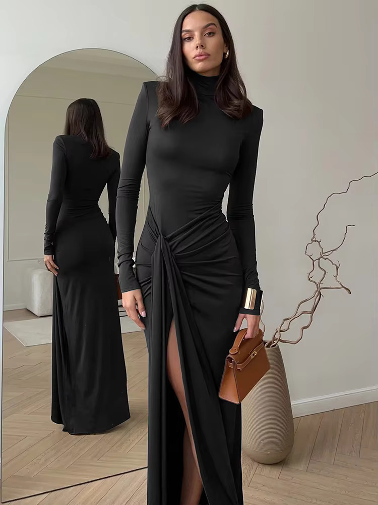 Mozision Turtleneck Thigh High Split Sexy Maxi For Women Fashion Sleeve Draped Bandage Bodycon Club Long Dress