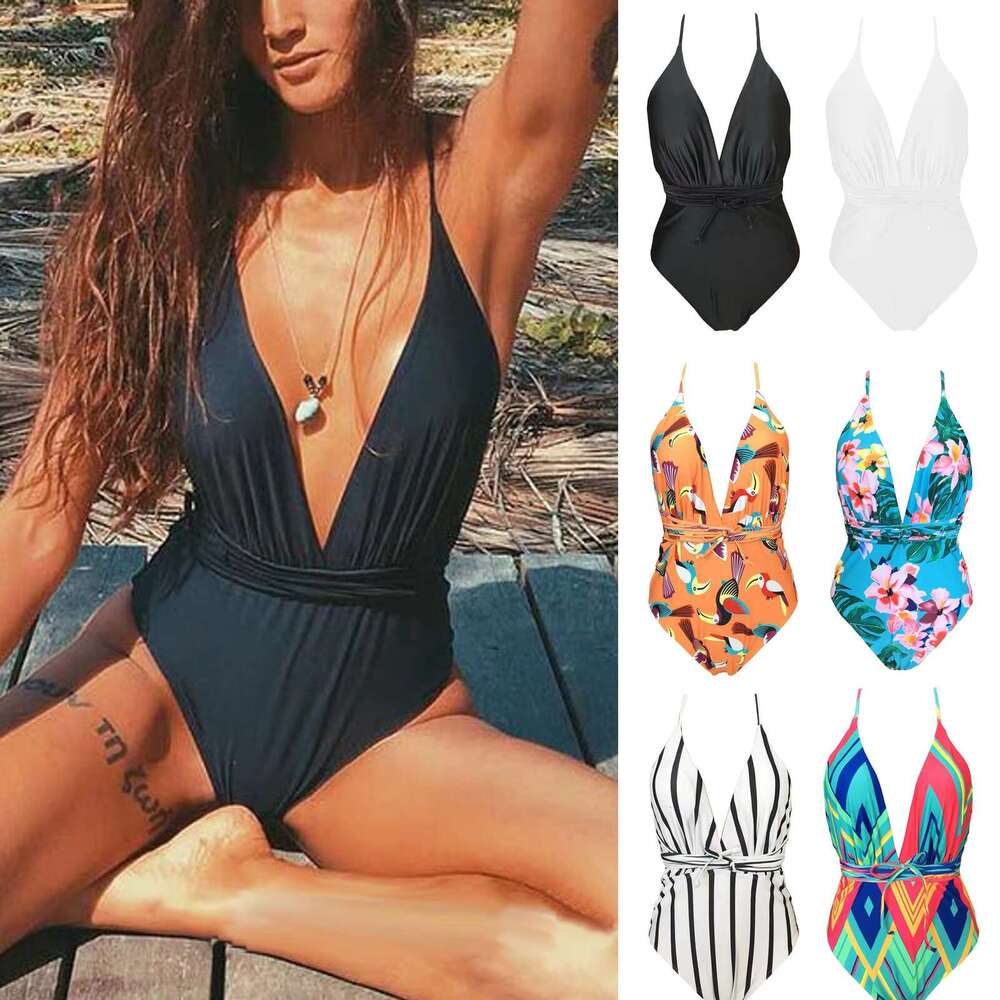 2024 Deep V-Neck Printed One-Piece Swimsuit Women's Green Fashion Swimwear Monokini Bathing Suit Beachwear