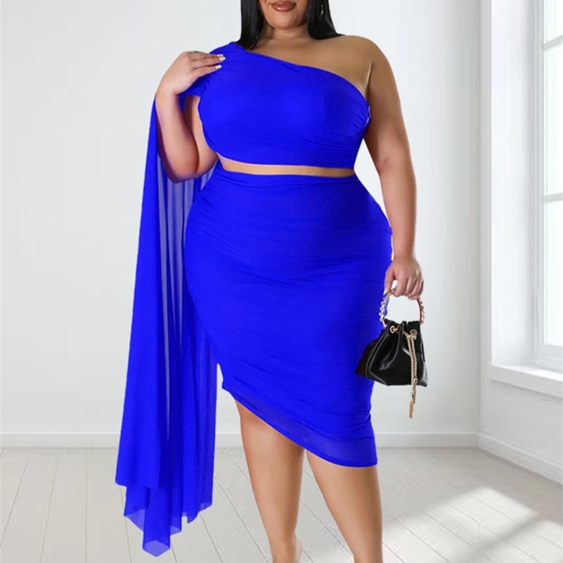 Wmstar Plus Size In Matching Sets Two Piece Outfits Summer Single Sleeve Crop Top and Skirts Sexy Wholesale Drop y250122