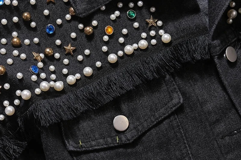 Whole sale woman jean jacket denim pearl beaded diamond long sleeve coat ladies denim jacket women 250213