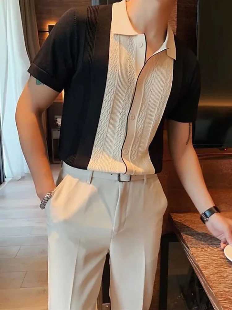 2022 Summer Casual Slim Short Sleeve Polos Mens Shirt Fashion Knitted Striped Patchwork Shirts Men Turndown Collar Buttoned Tops X250213