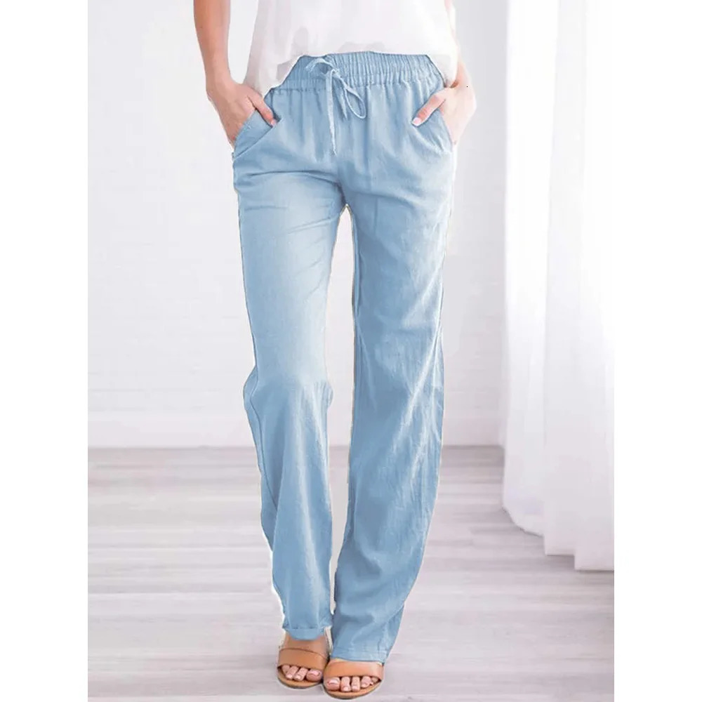 Women Cotton Linen Drawstring Pants Elastic Waist Casual Solid Color Trousers Baggy Loose Straight Leg Breathable Sweatpants 250211