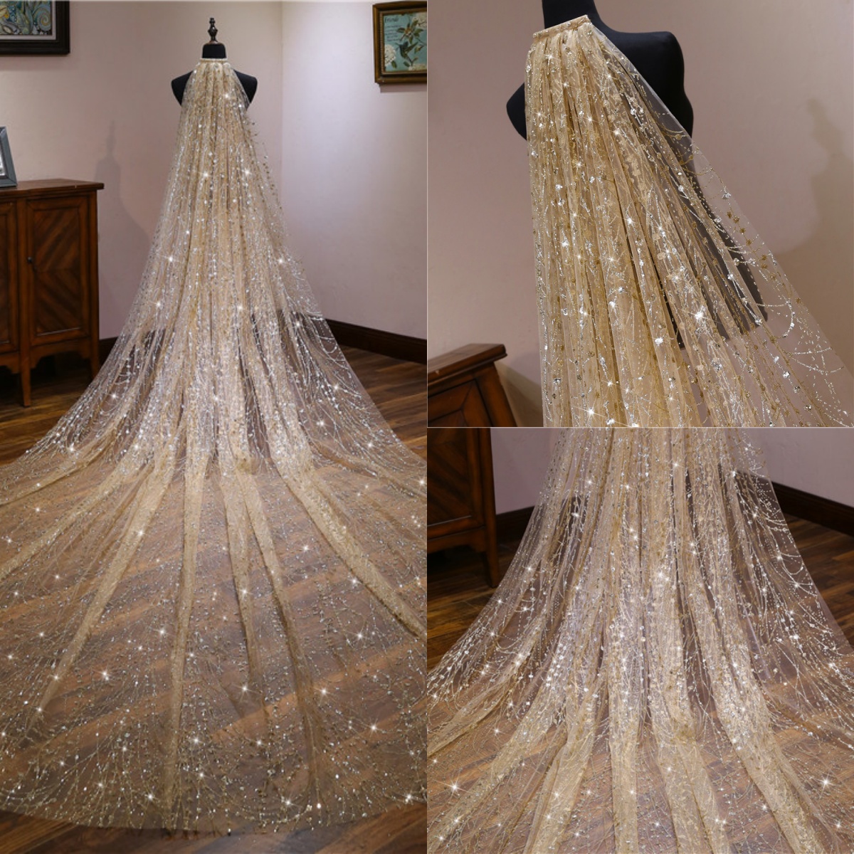 Sparkly Wedding Veil Bling Sequins One Layer Long Cathedral Length Veils Luxury Appliques Edge Customized Bridal Accessories