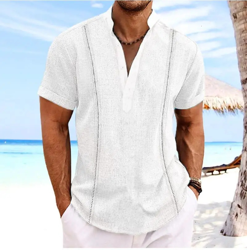 Mens stand collar solid color Cuban cotton hemp beach pullover short-sleeved slim-fit quick dry suction Han-white sports mens 250211