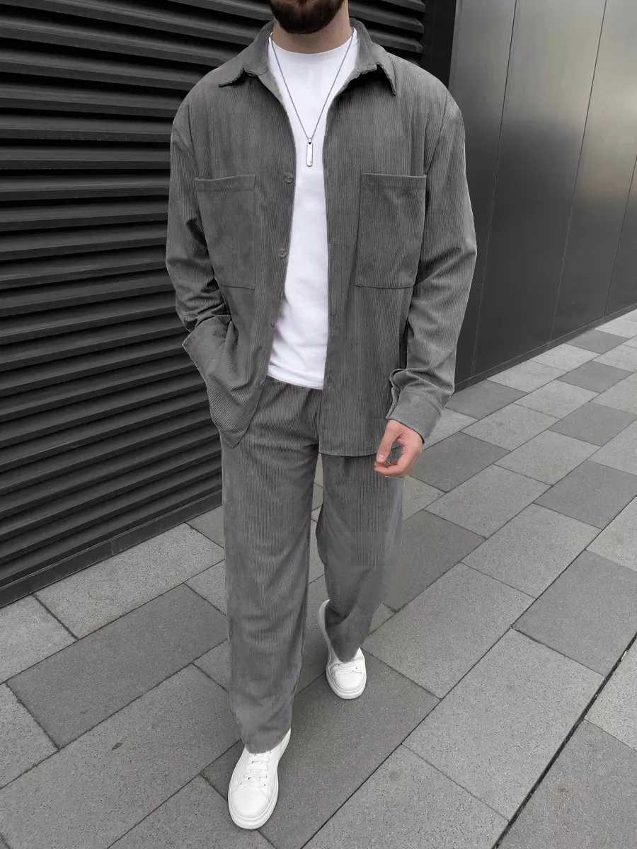 Spring and autumn 2025 new European and American mens corduroy long-sleeve jacket fashion casual and high-quality trousers X250213