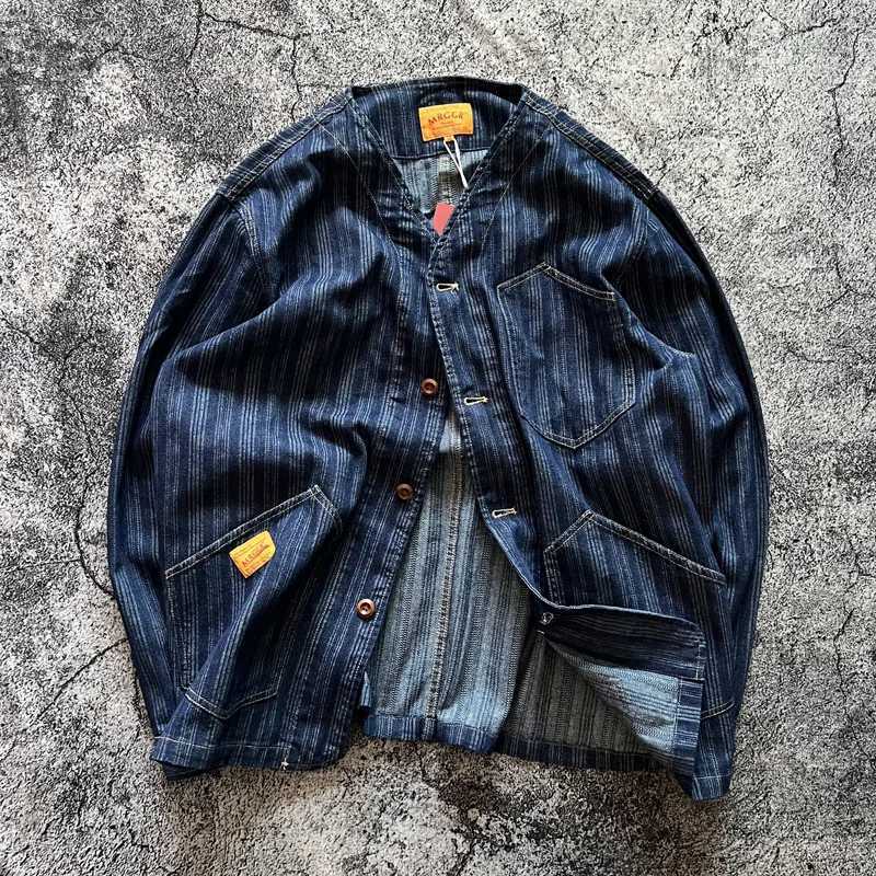 Japan Retro Collarless Layered Deep Blue Vertical Striped Cotton Casual Spring Autumn Mens Denim Jacket Shirts Outerwear Trendy X250213