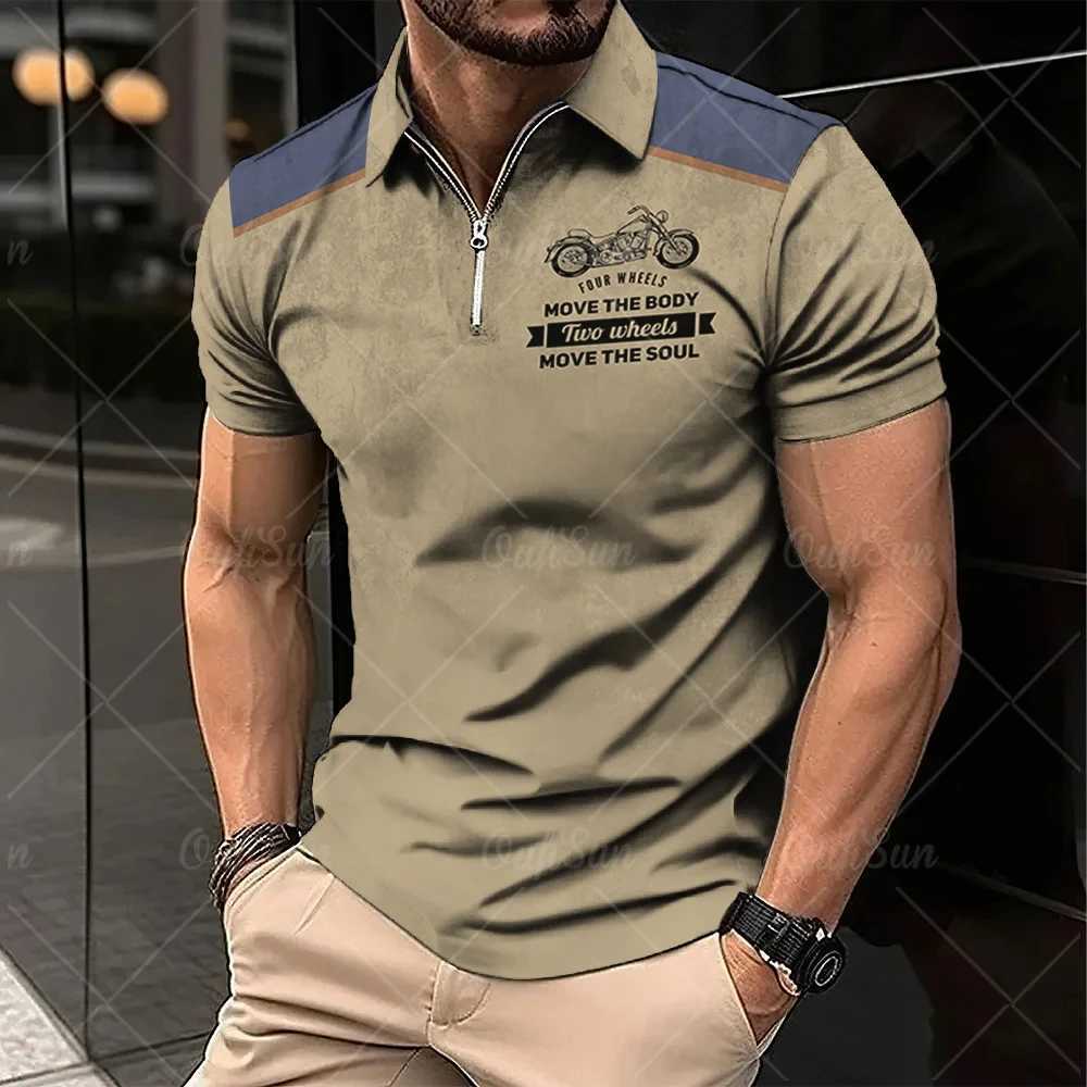 2024 Vintage Summer Short Sleeve Polo Shirt Men Half Zip Up Lapel Classic Motorcycle Graphic Men Polo Shirts Oversize Streetwear X250213