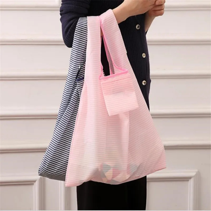 Portable Reusable Shopping Bag Sweet Striped Dots Largecapacity Grocery Tote Pouch Eco Bags Folding Storage Convenient Handbags 250121
