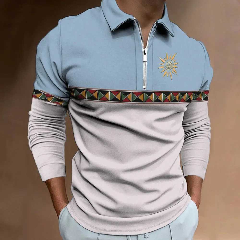 Mens polo shirt retro color printed fashionable sports lapel clothing mens T-shirt top casual zipper long sleeved clothing X250213