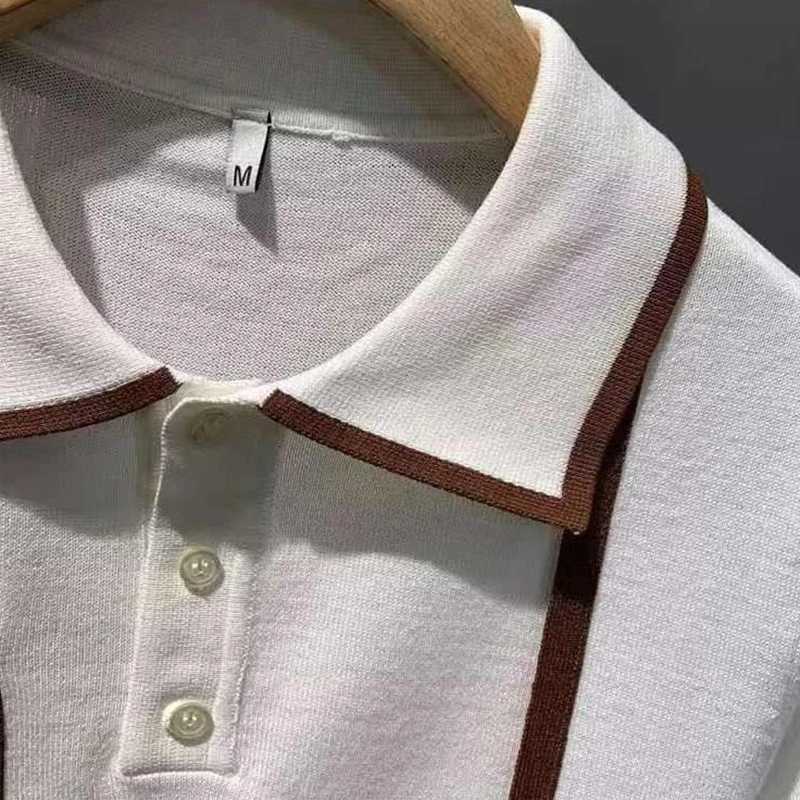 Fashionable pocket splicing knitted mens polo shirt 2024 summer casual breathable knitted top retro mens polo shirt X250213