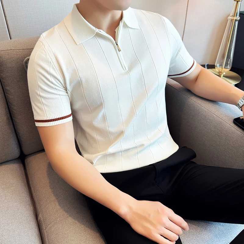High Elastic Slim Fit Men Short Sleeve Knitted Polo Shirt 2024 Summer Light Thin Solid Striped Casual Lapel T-shirt Men Clothing X250213
