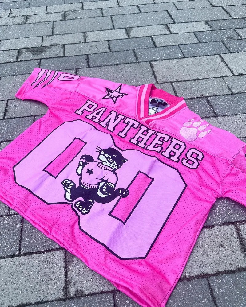 Y2K pink animal print letter oversized V-neck T-shirt suitable for trendy summer casual couple tops 250210