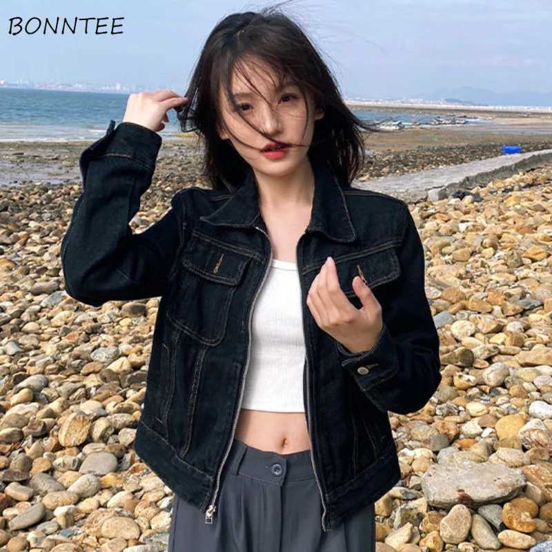 Black denim jacket American style retro spring autumn crop zipper all-round college casual youth street clothing Chaqueta X250213