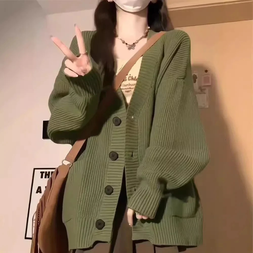 Womens V-Neck Knitted Cardigan Thickened Casual Sweater Long Sleeve Elegant Fit Loose Middle Age Jacket 250213