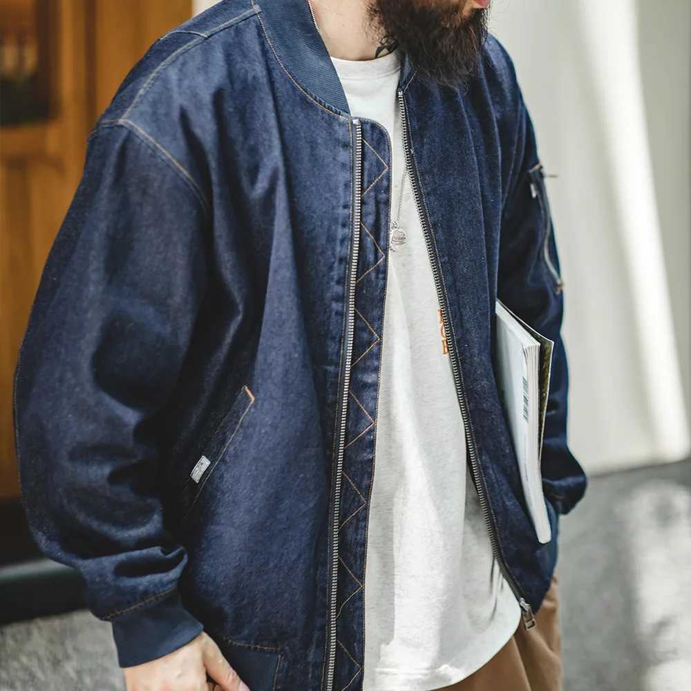Maden Vintage Denim MA-1 Flight Jacket 8.9oz Baseball Collar Bomber Jackets Mens Casual Windbreaker Coats Mens Clothing X250213