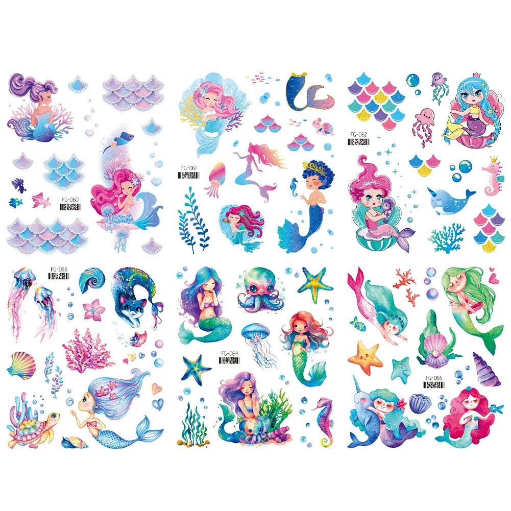 6PCS Cartoon Glitter Tattoos Waterproof Mermaid Unicorn Sparkly Rainbow Tattoo Sticker for Kids Birthday Party Favors Decor 250117
