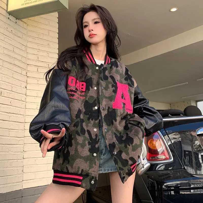 2024 New Camouflage Student Loose American Retro Baseball Jacket Embroidered Letter Design Vintage Baseball Jacket for Girls X250213