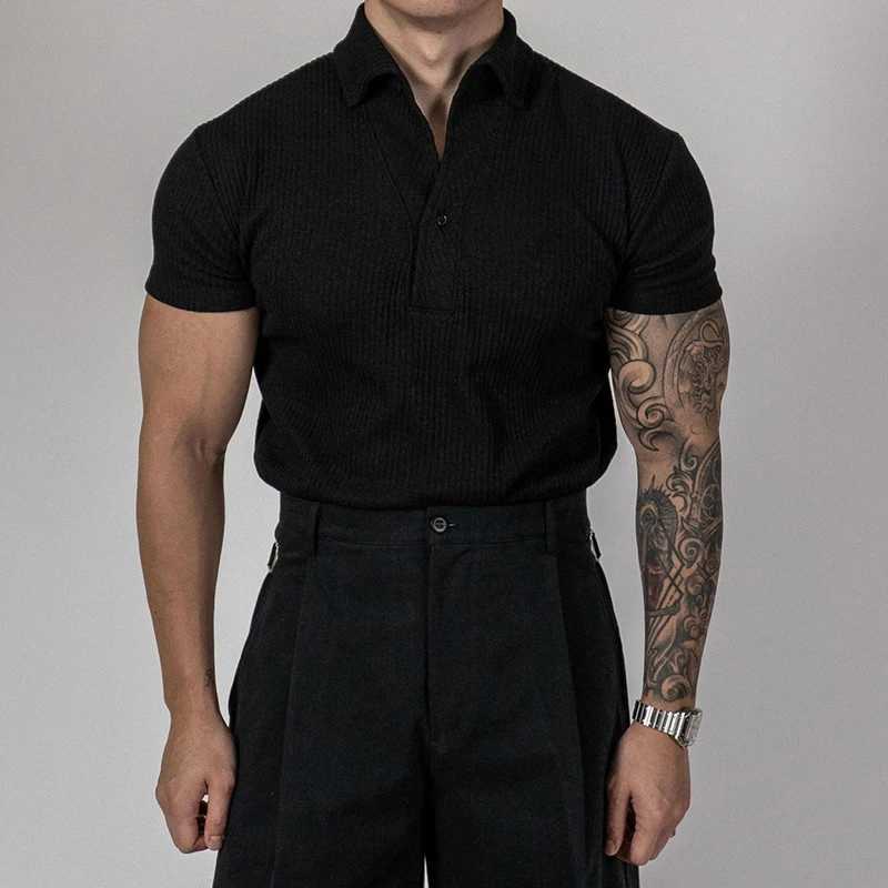 Fashionable ribbed polo shirt for men sports and fitness muscle short sleeved slim fit elastic top casual solid color lapel polo mens T-shirt X250213