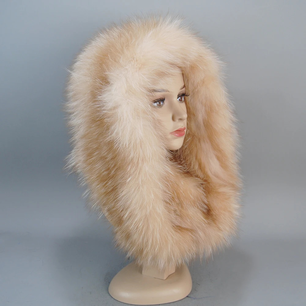 Fashionable Genuine Large Female Fur Hat Hood Volume Hats For Women Winter Warm Novelty Knitted Scarf 250118