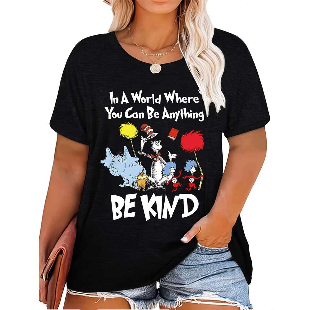 Size Casual T-Shirt Women's Plus Animal & Letter Print Short Sleeve Round Neck Medium Stretch Top