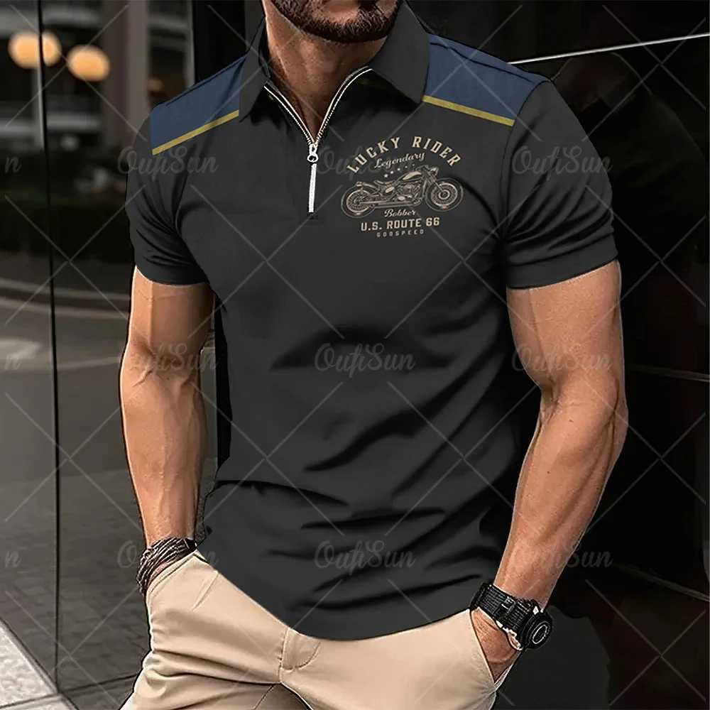 2024 Vintage Summer Short Sleeve Polo Shirt Men Half Zip Up Lapel Classic Motorcycle Graphic Men Polo Shirts Oversize Streetwear X250213