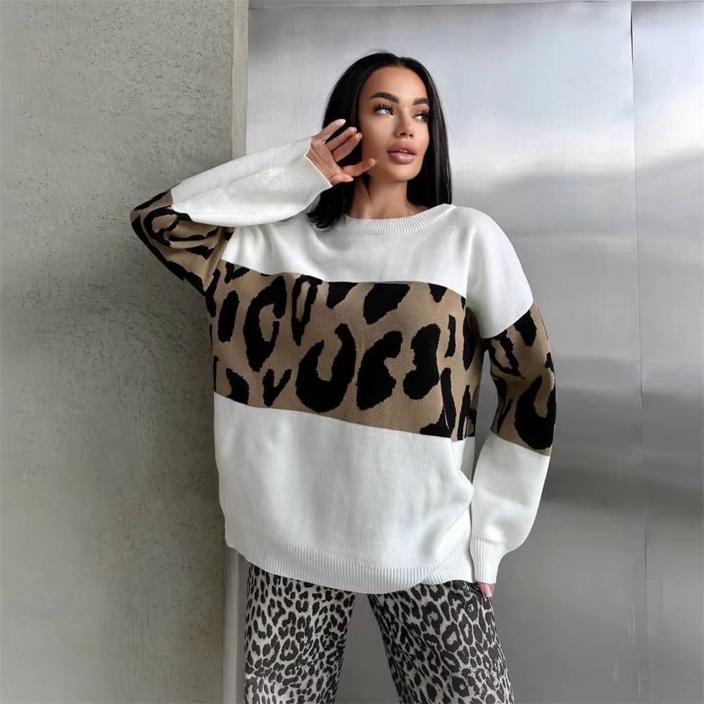 Autumn Winter Vintage Leopard Print Women's Sweater Loose Causal Oversized Knitwear Women Fashion Oneck Female Clothing 2025New