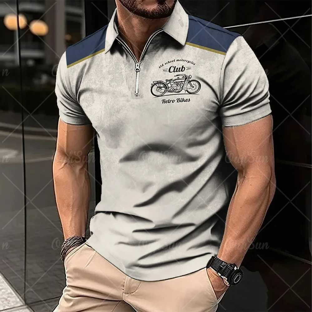 2024 Vintage Summer Short Sleeve Polo Shirt Men Half Zip Up Lapel Classic Motorcycle Graphic Men Polo Shirts Oversize Streetwear X250213