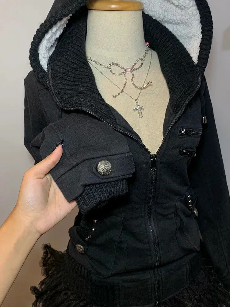 Hiphop Trendy Streetwear Y2K Harajuku Punk Street Retro Solid color Zipper Hoodie Women Punk Casual Slim fit type Sweatshirt 250211