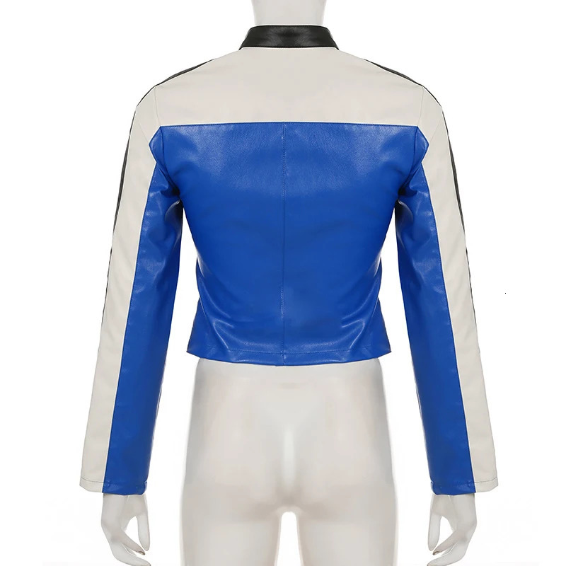 BKQU Motorcycle Zipper Leather Jacket Womens Fashion Contrast Color Printed Long Sleeve Crop Coat Autumn/Winter Y2K Street Clothing 250208