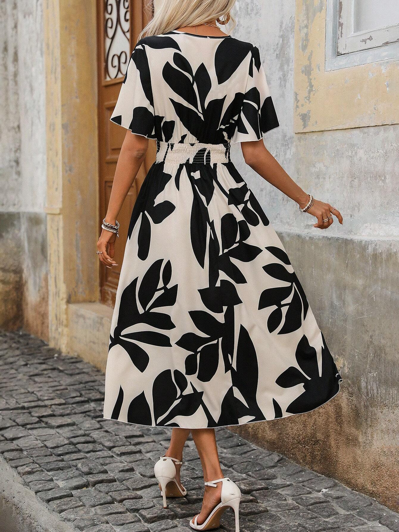 X135 Summer New Elegant Women's Cross Neck Belt Floral Print Slit Dress