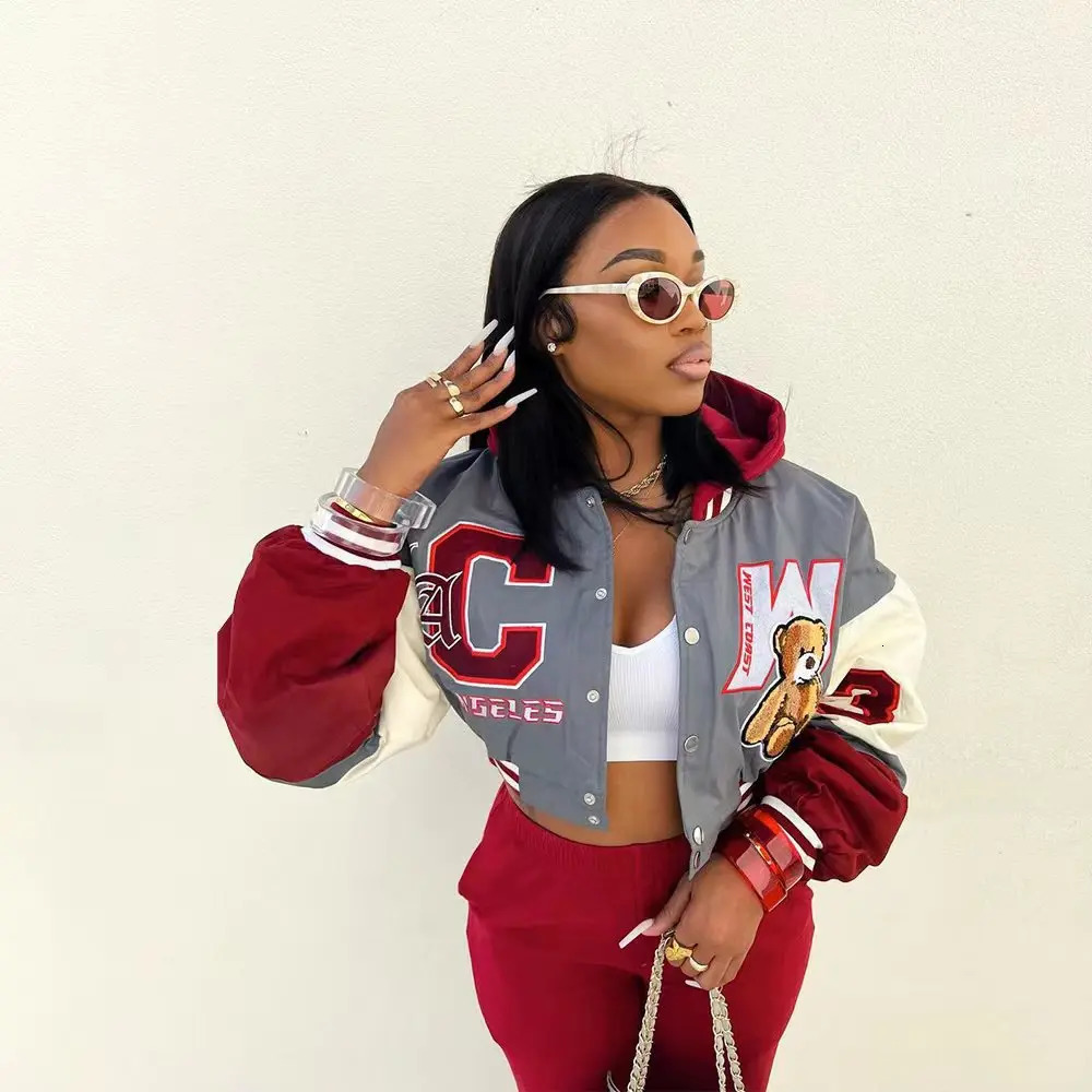 Stylish Casual Baseball Cap Pocket Printed Jacket Harajuk Hip Hop Streetwear Baseball Uniform Jacket Women 250213