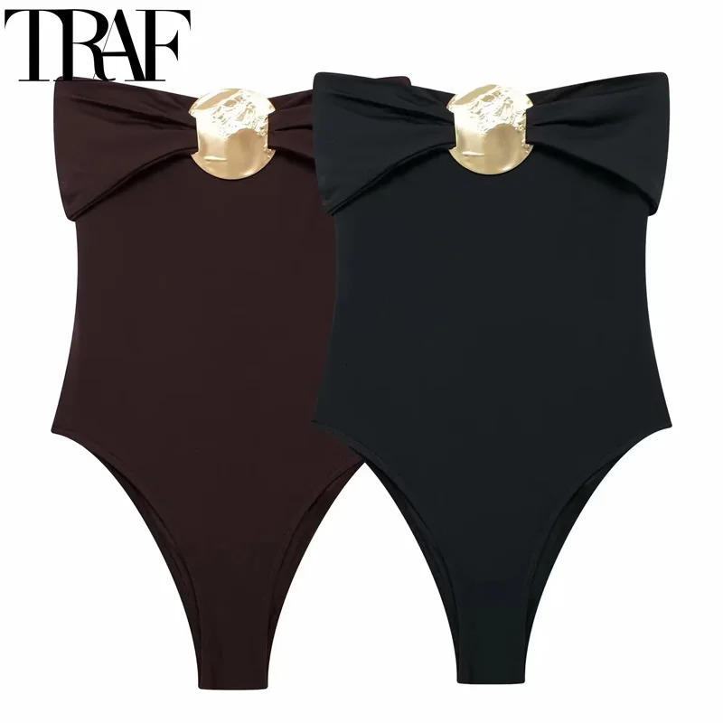 TRAF Sexy Body Woman Off Shoulder Black Bodysuit Women Strapless Bodycon Corset Backless Brown Beach Swimsuit 250211