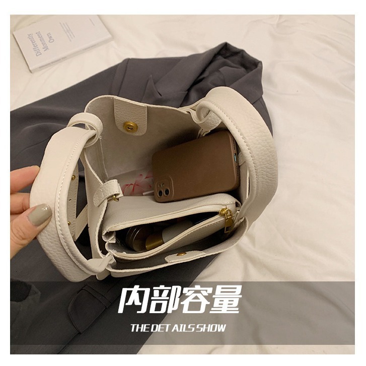 Lychee Pattern Bucket 2025 New Designer Women's Bag Light Luxury Simple Summer Shoulder Bag Two-piece Set Diagonal Cross Bag