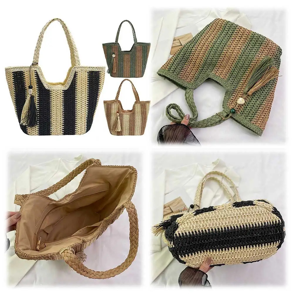 Striped Straw Beach Bag Large Vacation Bag Woven Holiday Travel Handbag with Tassel for Women Work Travel Vacation 250207