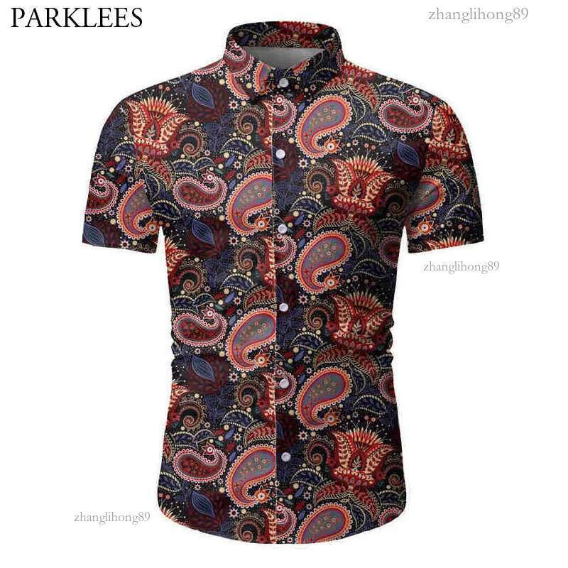 Paisley Floral Summer Shirt Men Retro Camisa Hawaiana Hombre Slim Fit Mens Short Sleeve Shirt Flower Men Casual Shirts 210524
