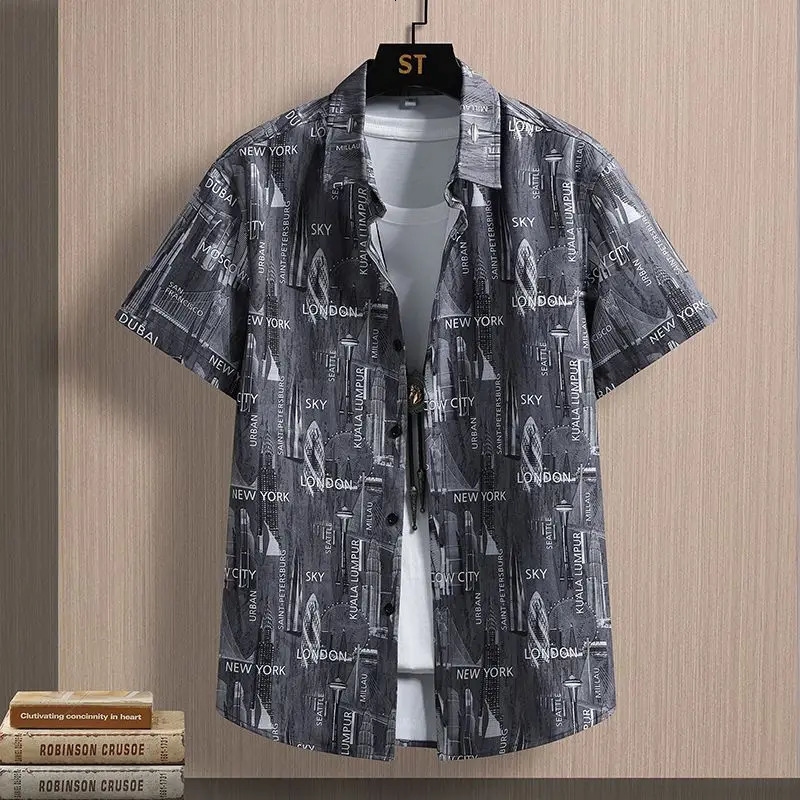 Simplicity Summer Shirts Ice Silk Mens Square Collar Striped Printing Pockets Single Breasted Fashion Loose Short Sleeve Tops 250211