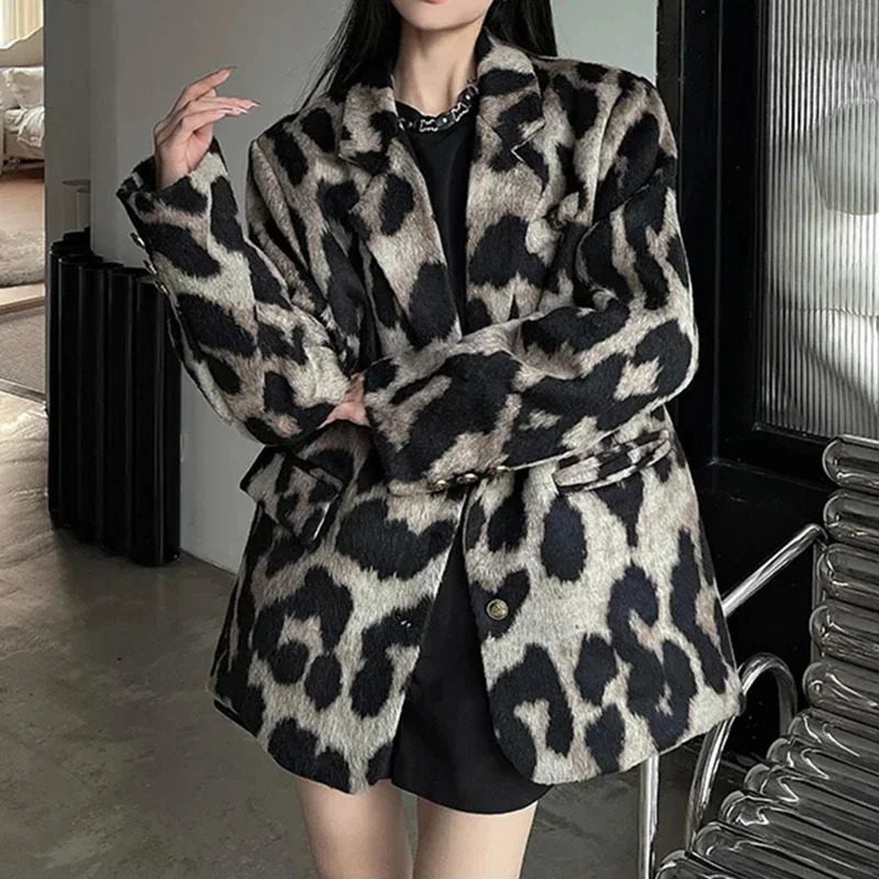 Leopard Print Women Jacket Autumn Winter Chic Office Lady Coat Vintage Fashion Long Sleeve Pocket Female Blazers Jacket 250206