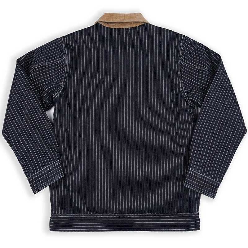 American retro mens color denim jacket winter thick plaid interior Corduroy collar multi pocket striped workwear jacket X250213