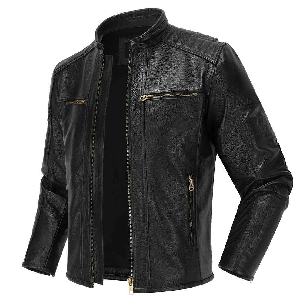 2023 New Motorcycle Causal Vintage Leather Coat Men Autumn Outfit Fashion Biker Pocket Design Top Layer Cow Leather Jacket X250213
