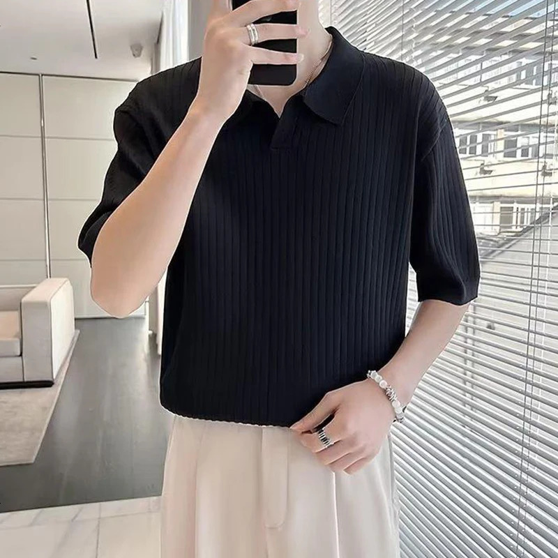 Summer Clothing Mens Light Knitted Solid Color Polo Shirt Fashion Striped V-Neck Short Sleeve Leisure Fashion Knitwear 250208
