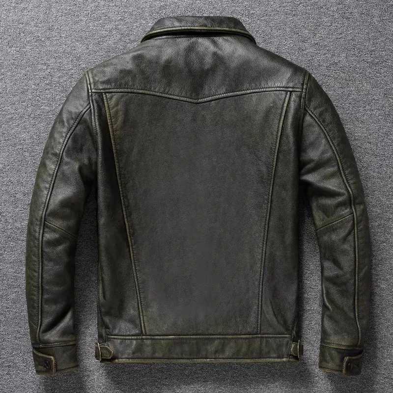 American leather jacket mens motorcycle jacket retro Distressed graphite olive green ultra-thin lapel jacket new style X250213