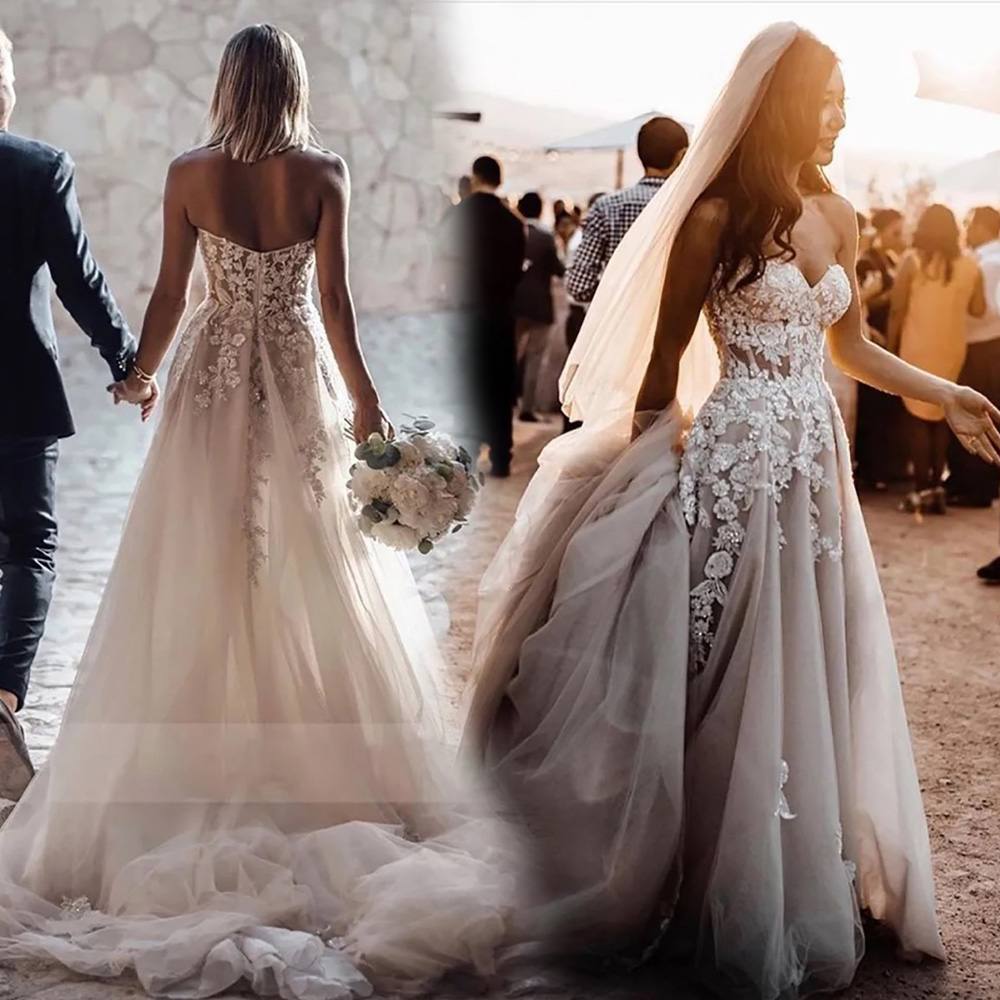 Sheer Lace 3D wers Applique A-Line Wedding Dress Strapless Tulle Dark Grey Beach Boho Bridal Gown with Crystals